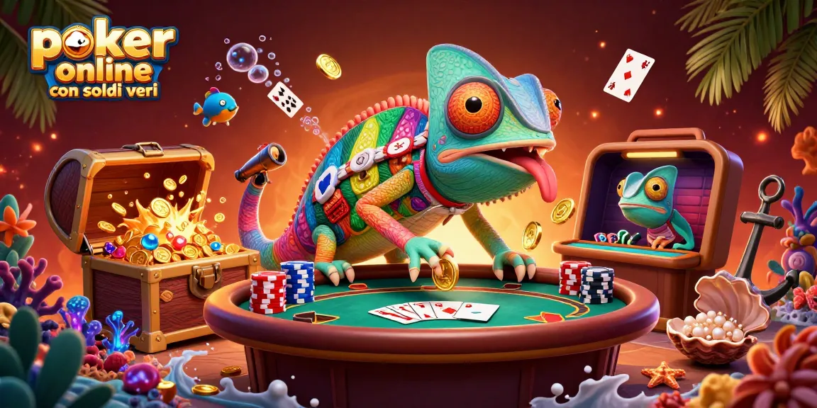 Gioca a poker online con soldi veri con il miglior sito, mostra un camaleonte che cattura monete d'oro.