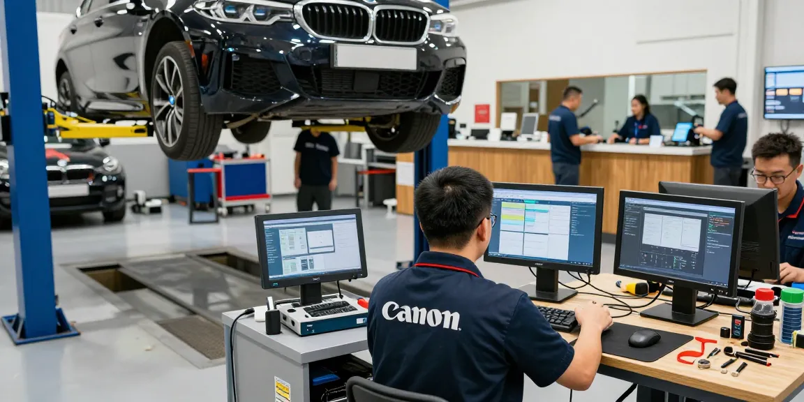 Chiptuning Hannover bei ECU Boost Service, erfahrene Techniker in modernen Werkstatt mit BMW Fahrzeugen.