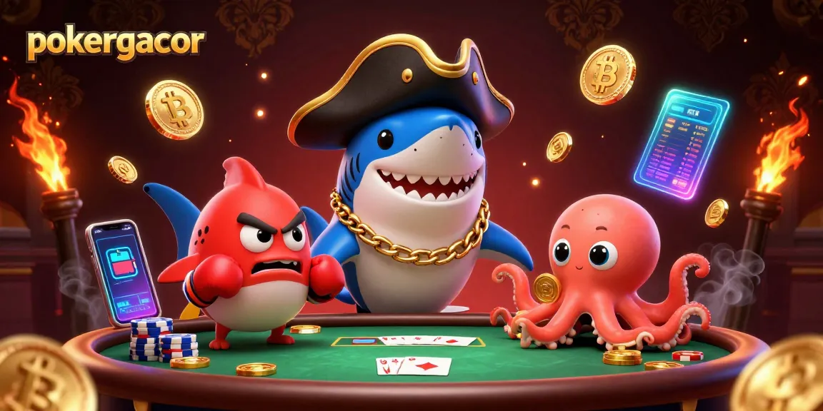 Join the exciting poker action with pokergacor featuring a shark, pufferfish, and octopus in a vibrant casino setting!