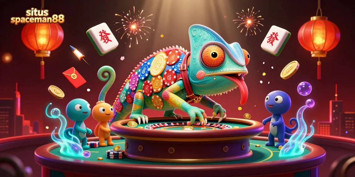 Experience the excitement of situs spaceman88 with a 3D chameleon casino owner amidst vibrant game elements and confetti.