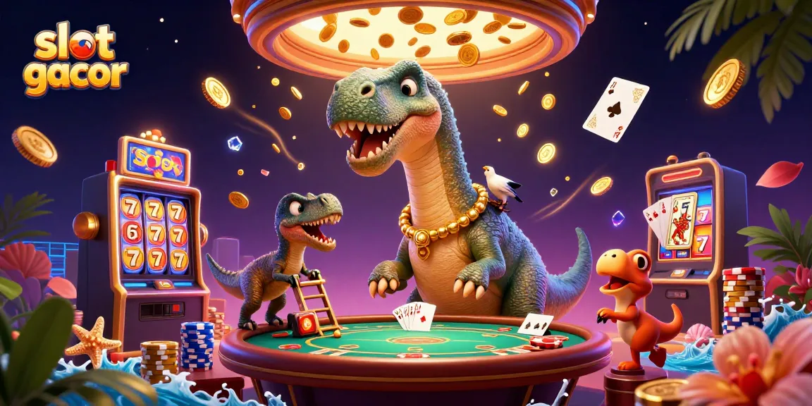 Experience the excitement of slot gacor with an animated brontosaurus and dazzling casino elements.