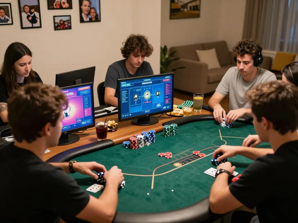Players enjoying online poker game at trang chủ mb66 in cozy home setting, colorful chips and warm lighting.