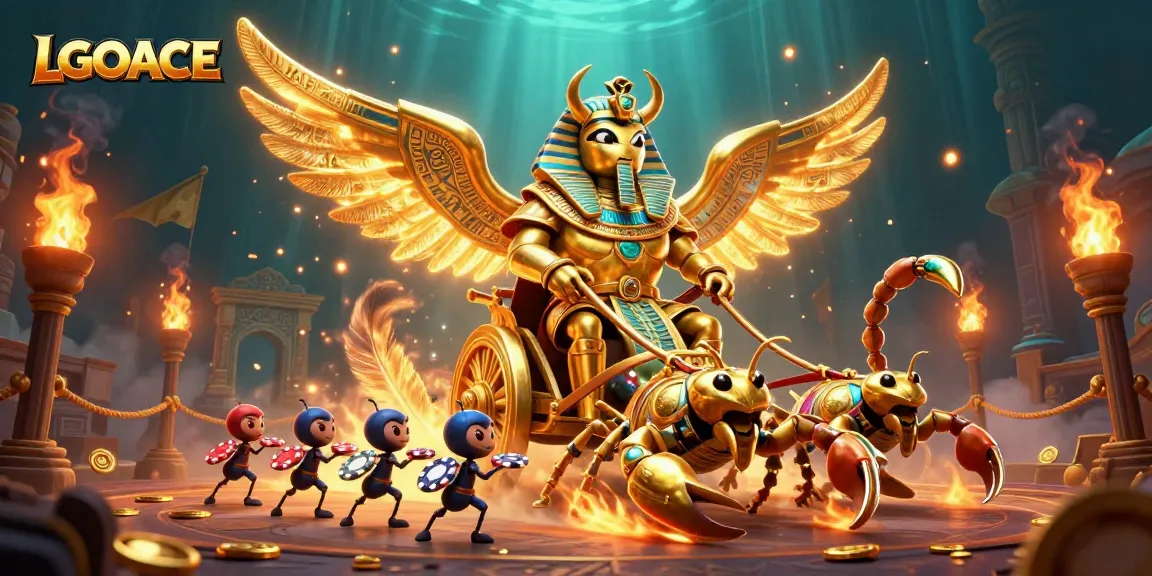 LGOACE players conquering the casino with a golden scarab beetle in an action-packed fantasy scene.