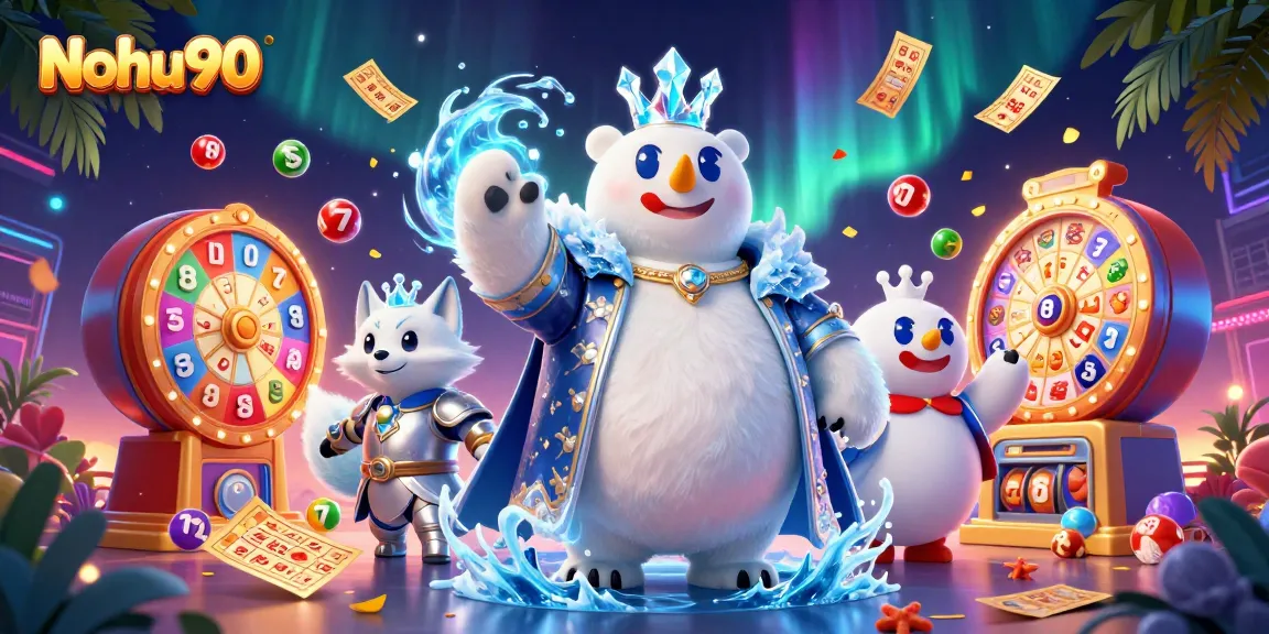 Nohu90 engages players with energetic slot gaming, colorful lottery elements, and 3D characters in a vibrant scene.