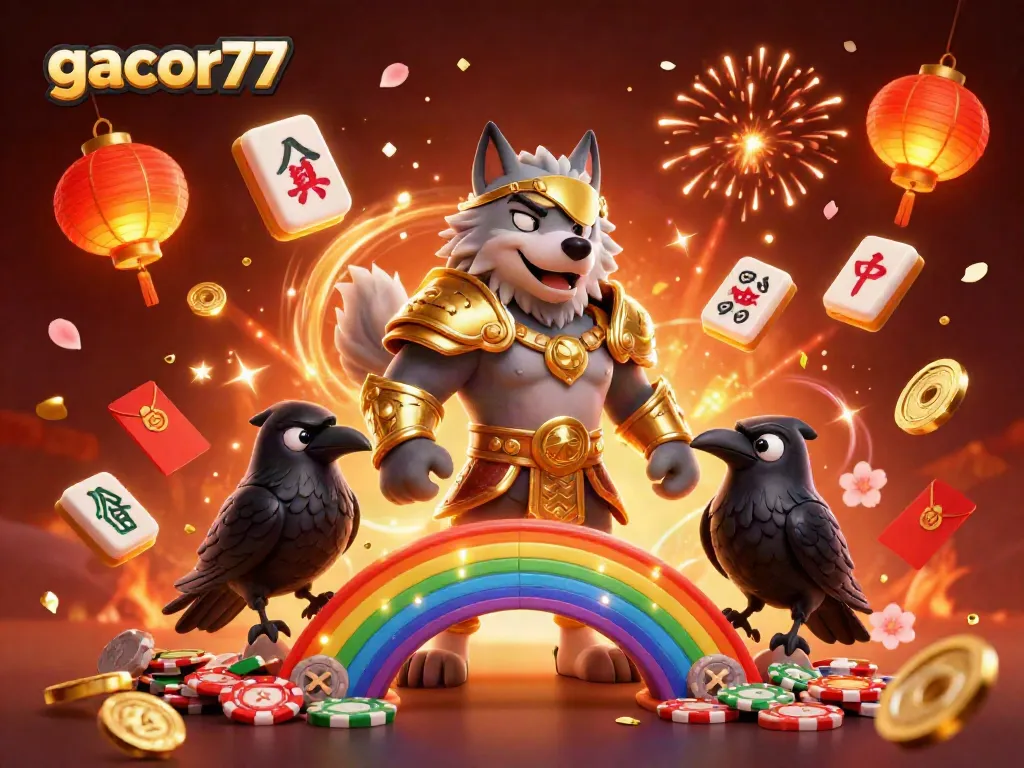 Menangkan permainan dengan gacor77 dalam ilustrasi kasino 3D yang megah dan penuh warna.