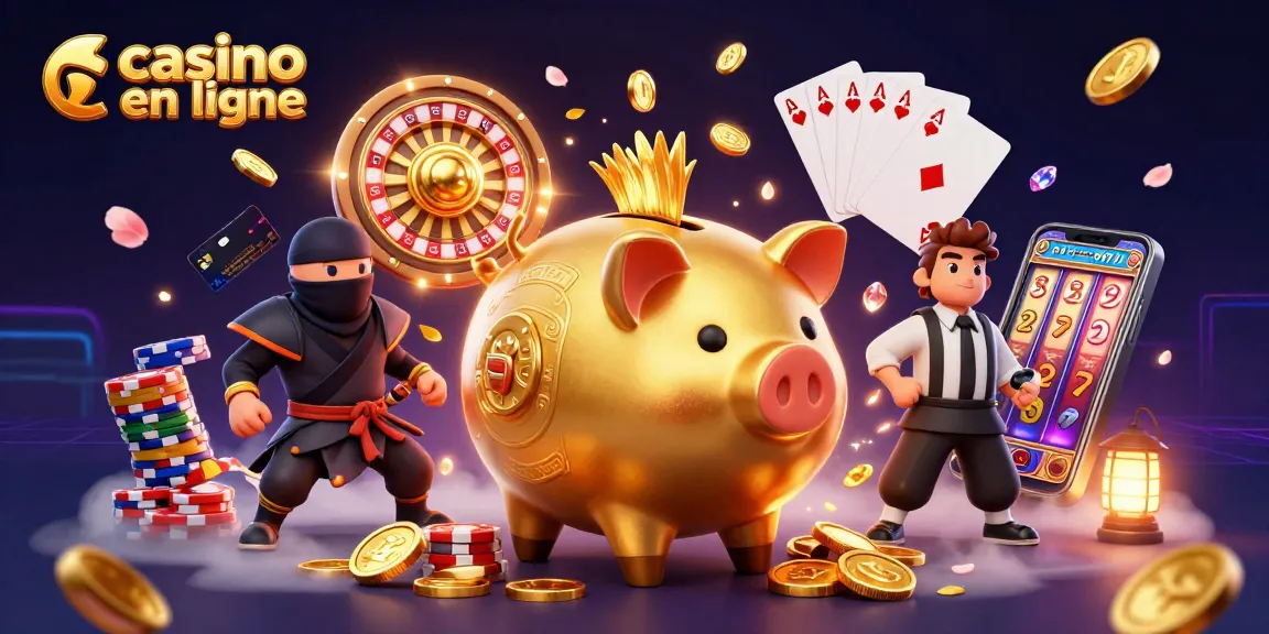 Célébrez les gains dans un casino en ligne animé avec un sumo et un ninja, entourés de pièces dorées.
