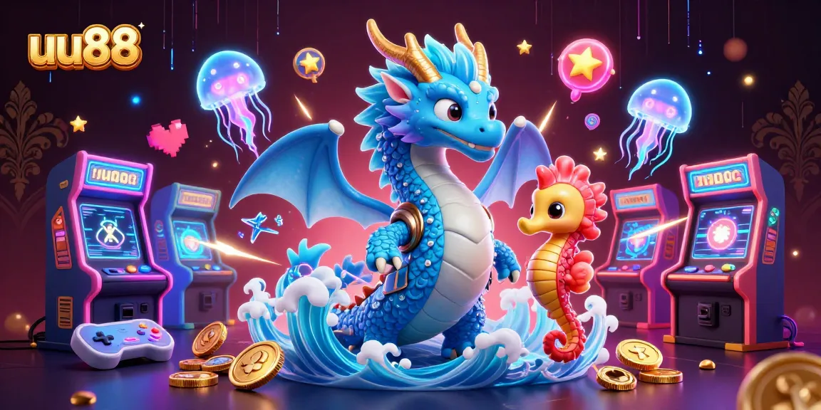 Engage with the thrilling world of uu88 featuring a cartoon azure water dragon and vibrant casino gaming elements.