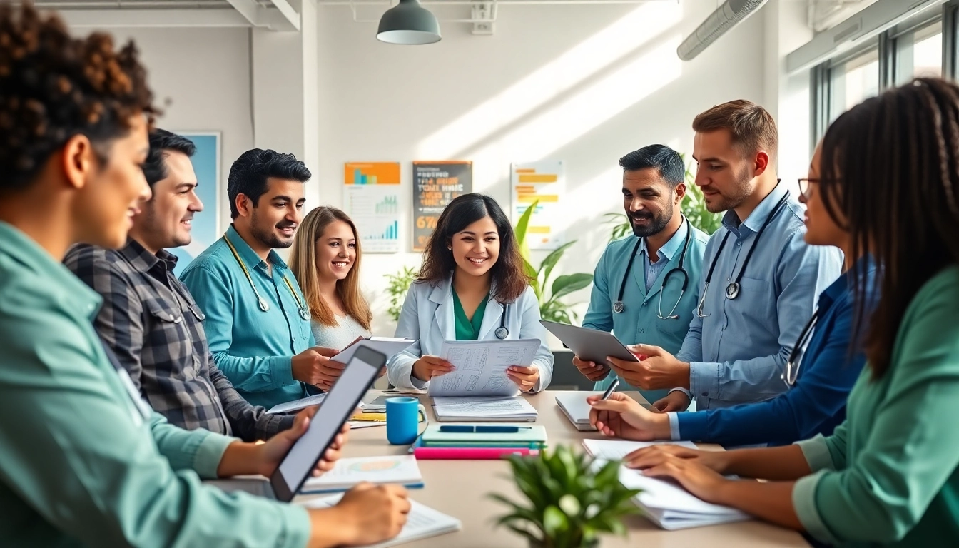 Dynamic team collaborating to start a healthcare club in a vibrant office setting.