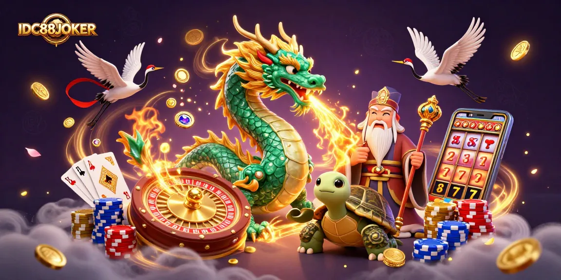 Experience thrilling gameplay with IDC88JOKER’s vibrant illustration showcasing a jade dragon and lucky symbols.