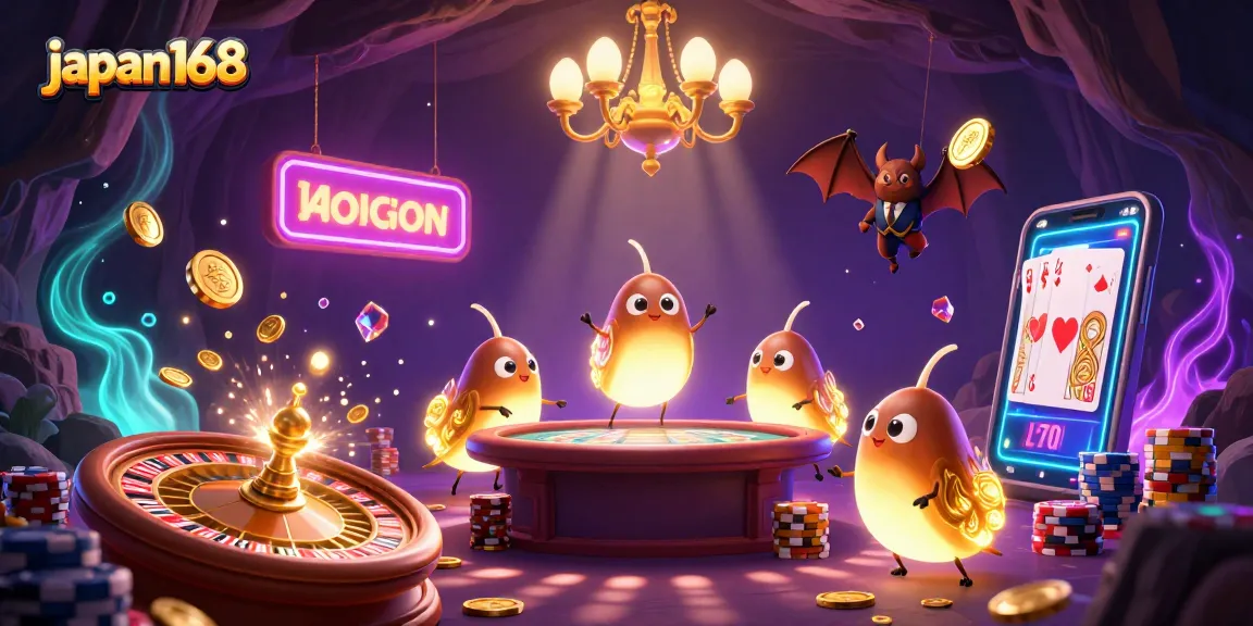 Win big with the vibrant scene of japan168's casino filled with glowworms, coins, and spinning roulette.