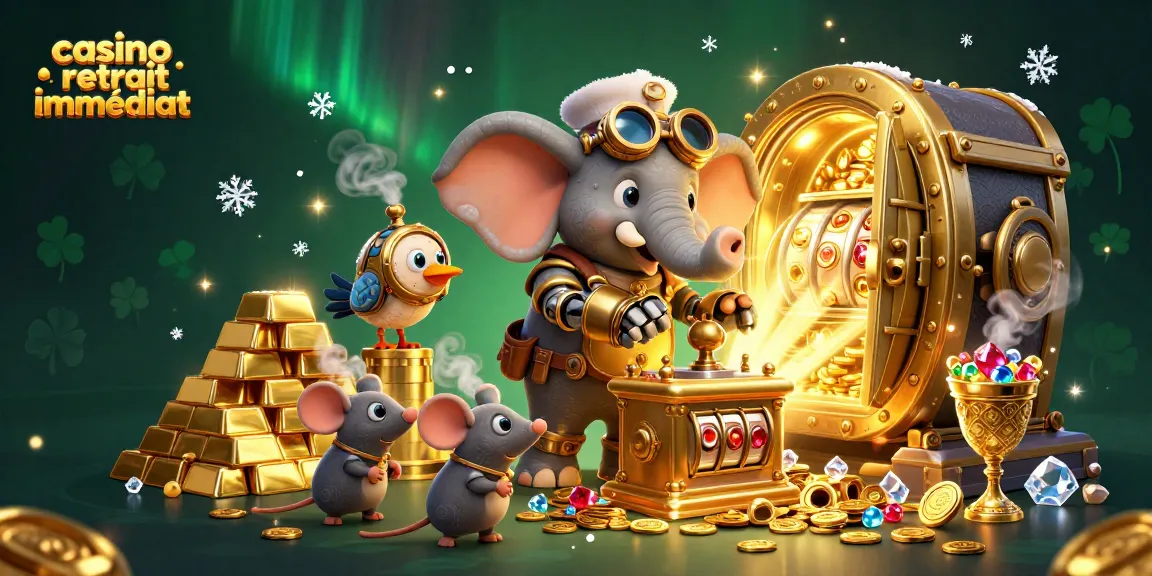 Profitez de casino retrait immédiat avec un éléphant steampunk gagnant au slot et des trésors éclatants.