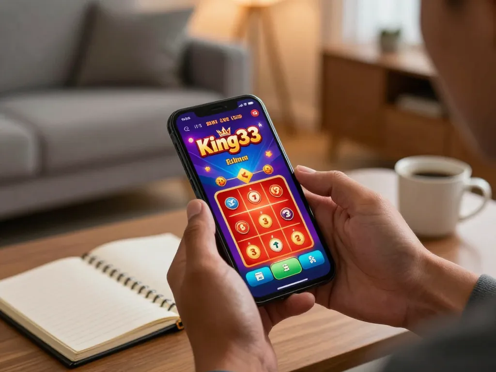 Mobile user engaging with king33 gambling app in a cozy setting, emphasizing responsible gaming