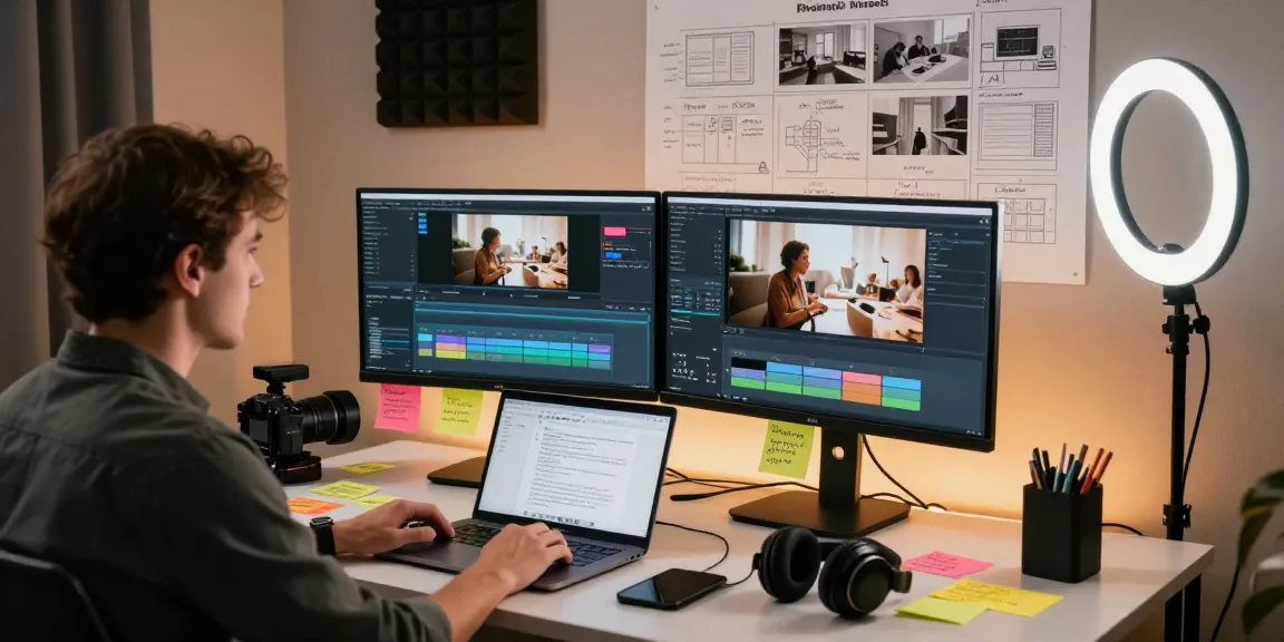 Professional editing workstation transforming video into ai video prompt with dual monitors and creative tools