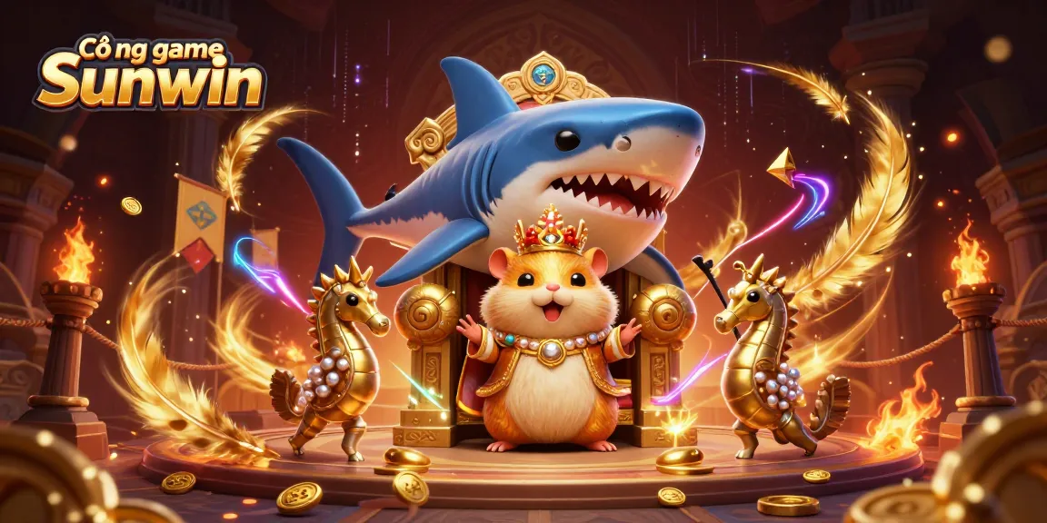 Cổng game Sunwin features a whimsical scene with a golden hamster king and his seahorse guards set in an electrifying casino environment.