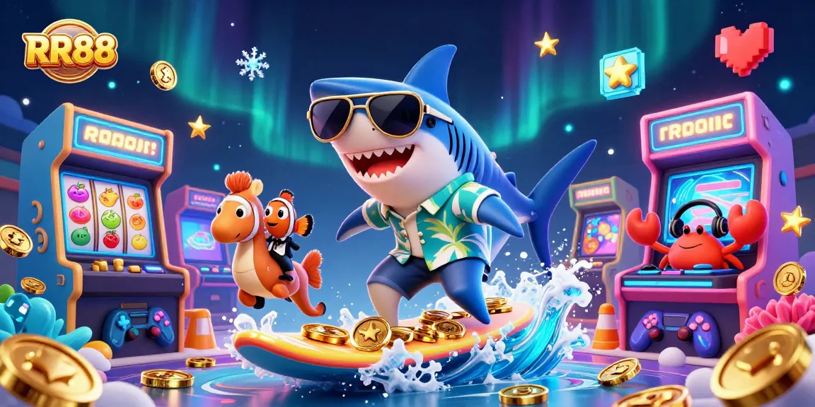 Engage with RR88's vibrant gaming world, featuring a shark and friends amidst colorful casino elements.