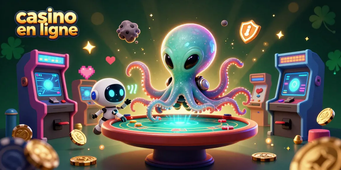 Jouez au casino en ligne avec un calmar extraterrestre et un robot, entourés de machines à sous.