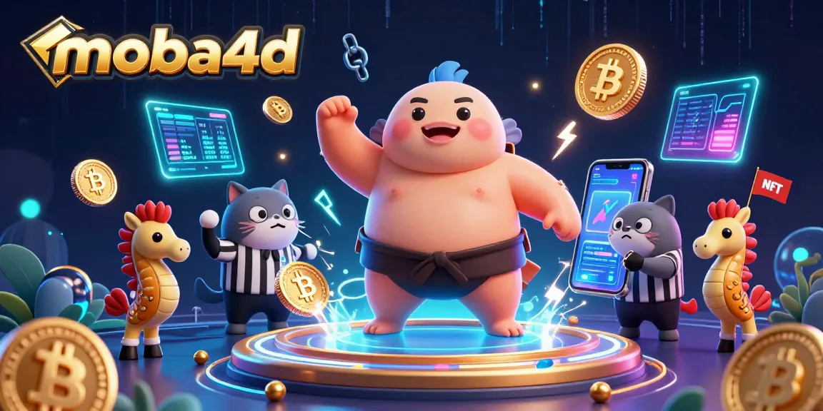 Engage with moba4d in this vibrant underwater gaming scene featuring a sumo fugu and crypto elements.