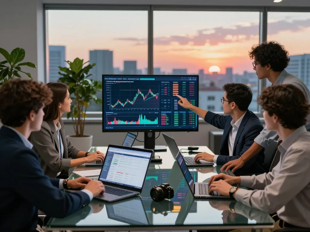 Team of cryptocurrency experts discussing iodefi innovations in a modern office setting.