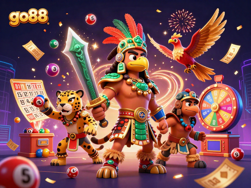 Experience thrilling gaming with go88's Aztec warriors and vibrant casino elements in an exciting illustration.