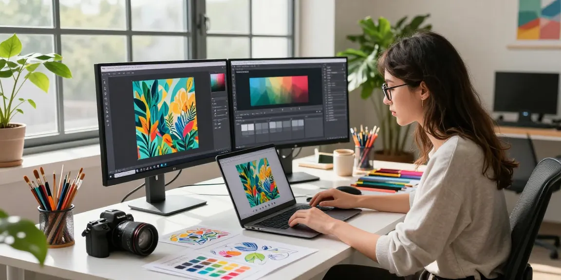 A designer using Nano Banana 2 AI image editor in a creative digital art studio, showcasing vibrant designs and a tech-savvy workspace.