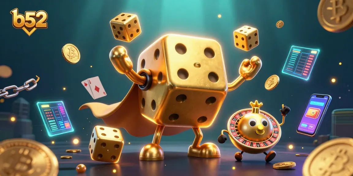 Engage in thrilling gameplay at b52 with vibrant golden dice characters and crypto elements.