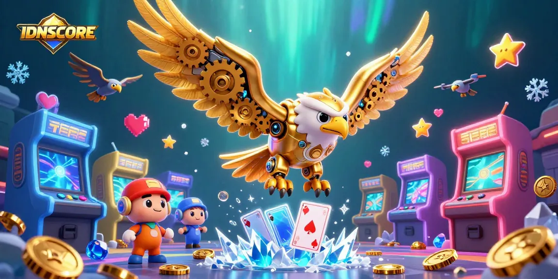 Experience the thrill of IDNSCORE with a cybernetic eagle under holographic cards, surrounded by gaming excitement.