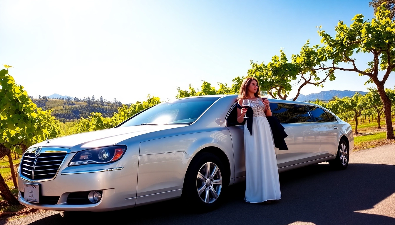 Experience a luxurious winery tour limousine in front of a beautiful vineyard.