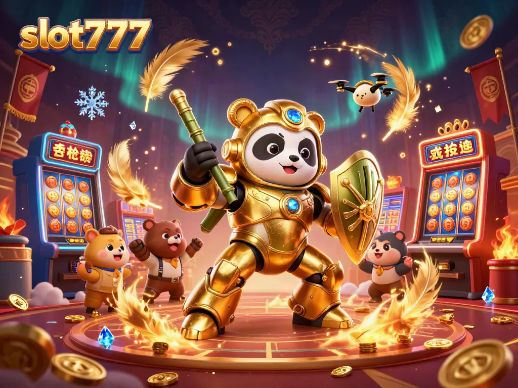 Slot777 menghadirkan ilustrasi kasino 3D yang hidup dengan karakter panda emas dan elemen slot yang menarik.