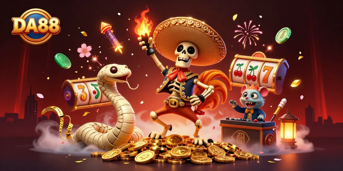 DA88 brings excitement as a 3D skeleton mariachi rooster dances over winning slot machine coins in a vibrant casino scene.
