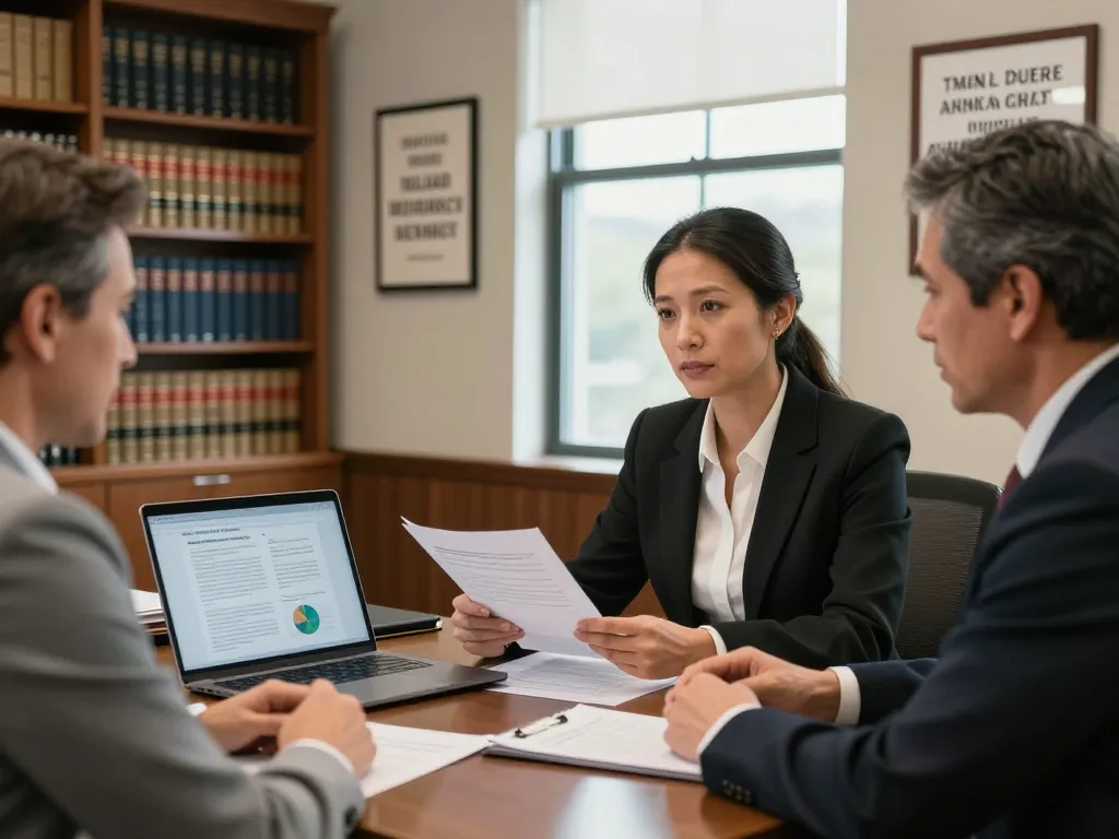 Maryland divorce lawyer consulting with a client in a modern office, showcasing a professional legal environment.
