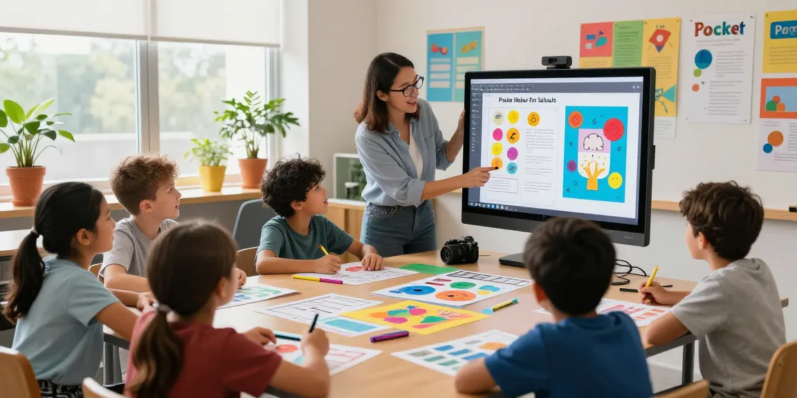 Student using a Poster Maker For Schools for collaborative poster creation in a colorful classroom.
