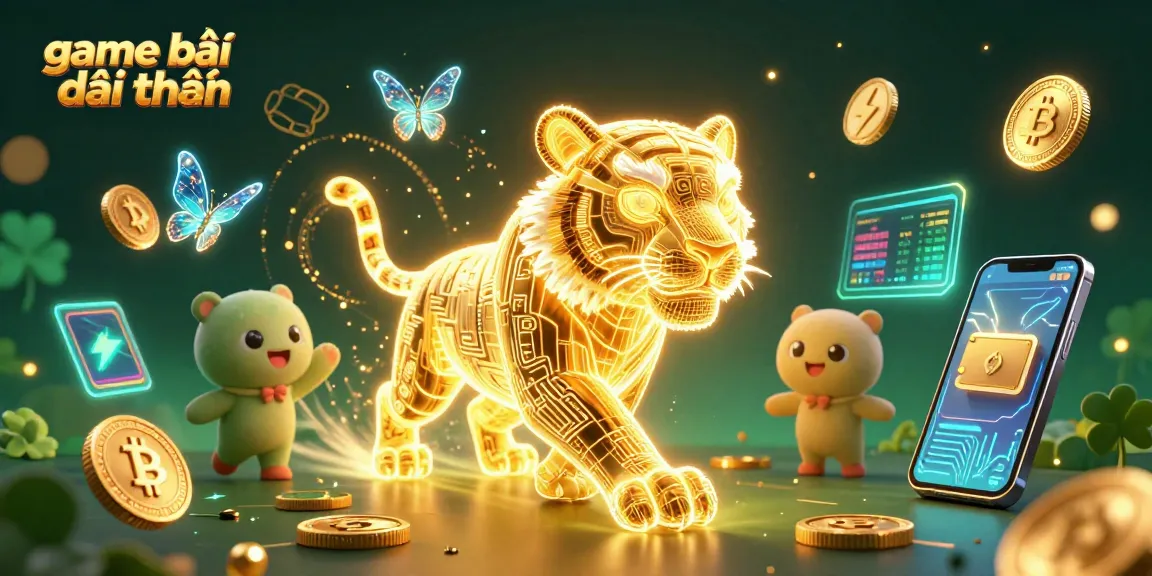 Engage in game bài đổi thưởng with golden tiger and holographic elements amidst a digital casino.