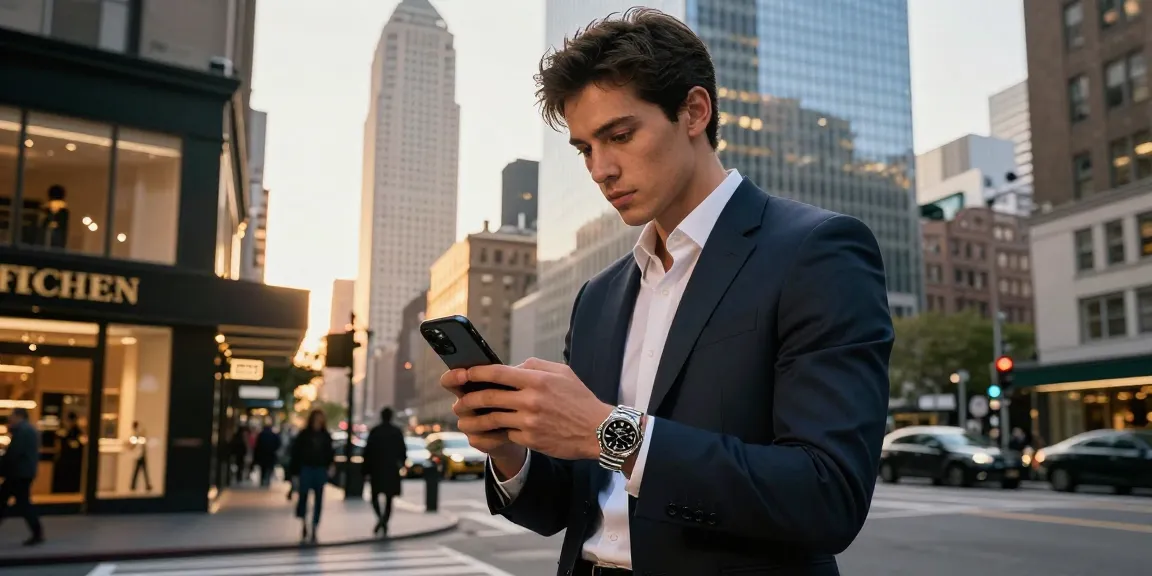 Stylish individual wearing rolex super clone watches in an urban setting with luxury storefronts.
