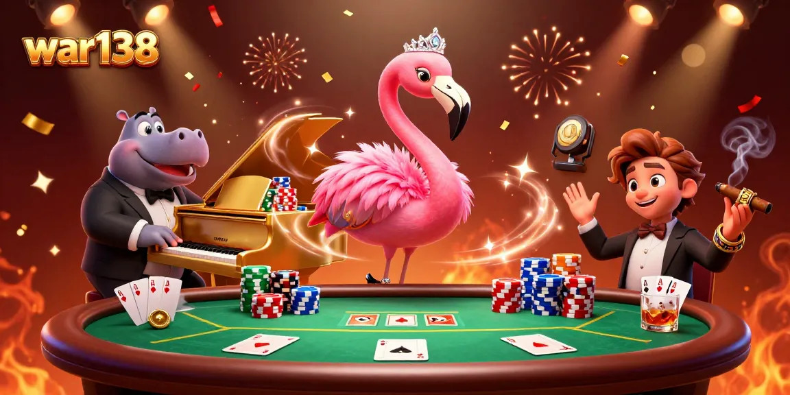 Experience the excitement of war138 with vibrant casino characters and poker action in a lively scene.