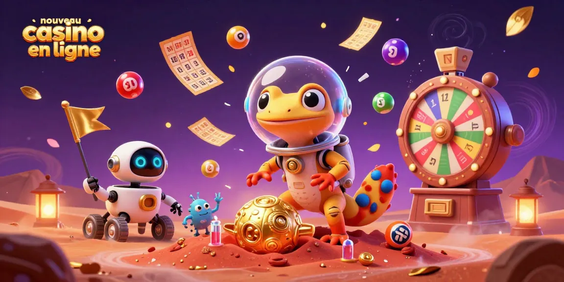 Examinez l'univers du nouveau casino en ligne avec un gecko martien et un robot, entourés de jeux et de réussites.