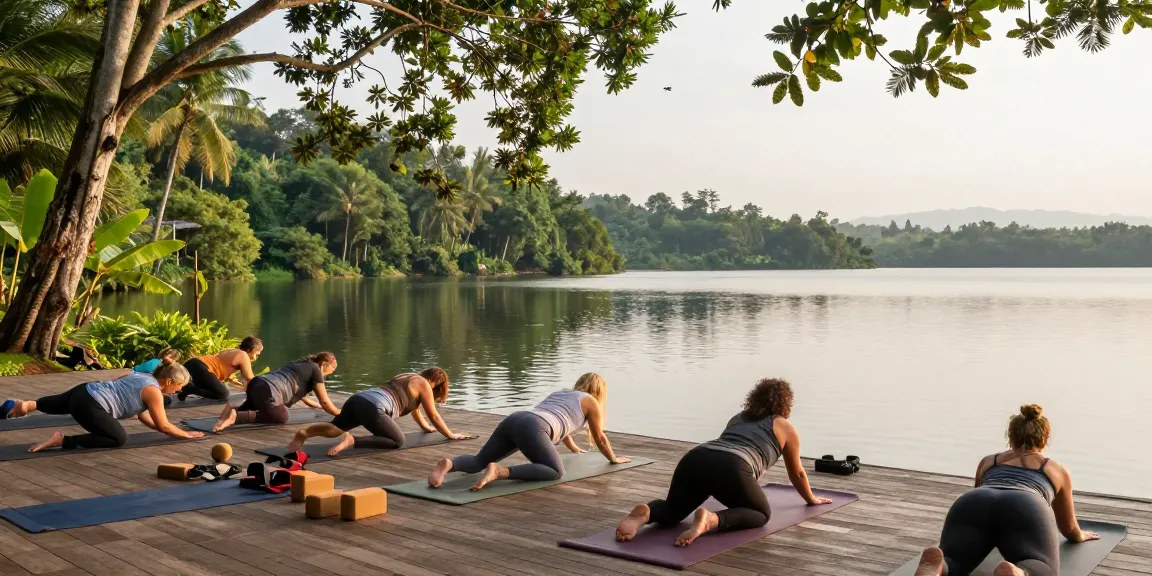 Dynamic vinyasa yoga retreat Sri Lanka on Koggala Lake with calming jungle backdrop and serene atmosphere.