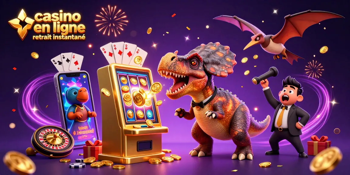 Scène dynamique de casino en ligne retrait instantané avec un dinosaure jouant aux machines à sous et des pièces d'or