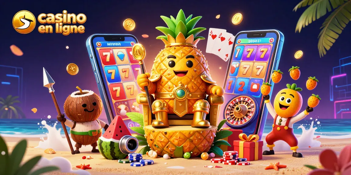 Visitez un casino en ligne avec le roi ananas et des éléments de jeu colorés sous un coucher de soleil.