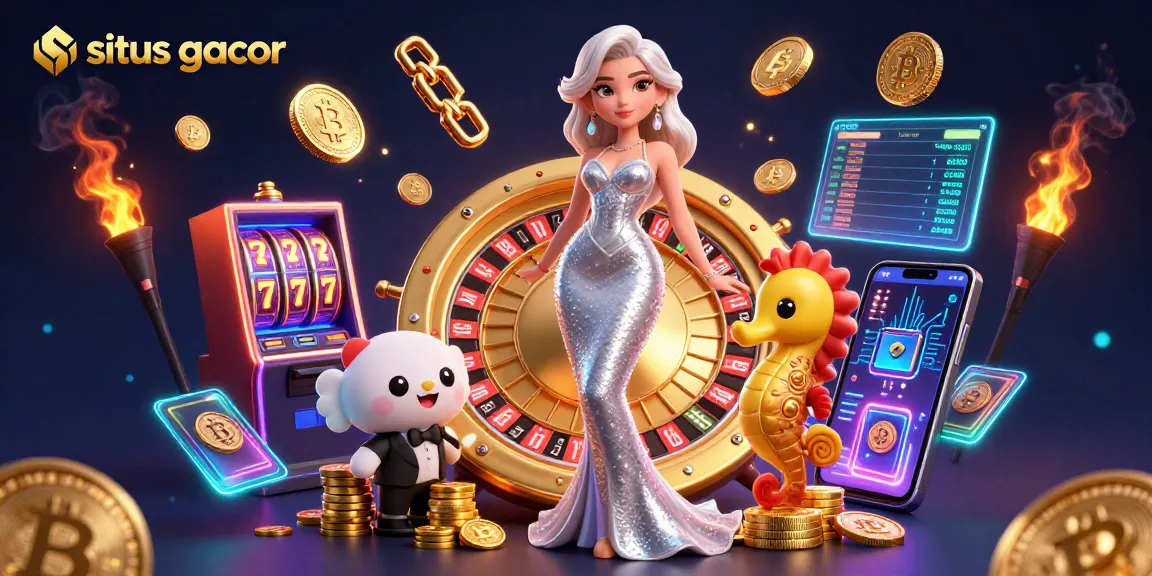 Situs gacor showcases a glamorous casino scene with a woman, seahorse, and roulette wheel surrounded by dynamic elements.