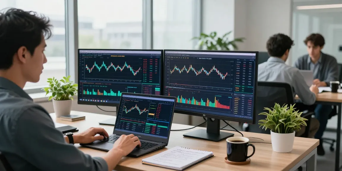 AiCoin实时市场分析界面的专业交易员在现代办公室进行技术分析。