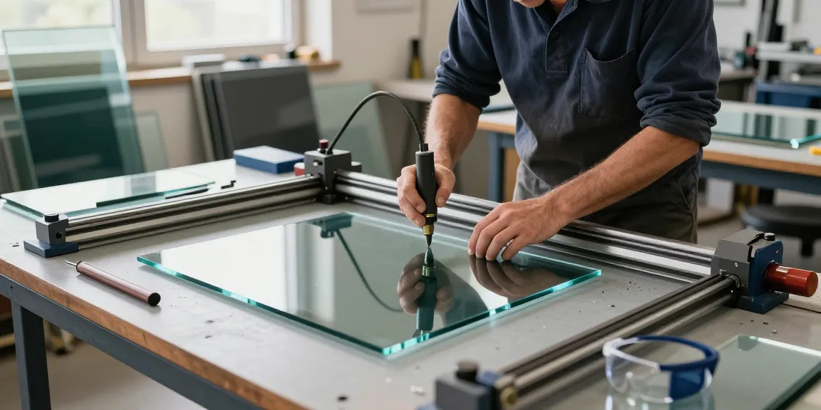 Technician at a glass cutting table, demonstrating precision in glass processing with tools and safety gear.