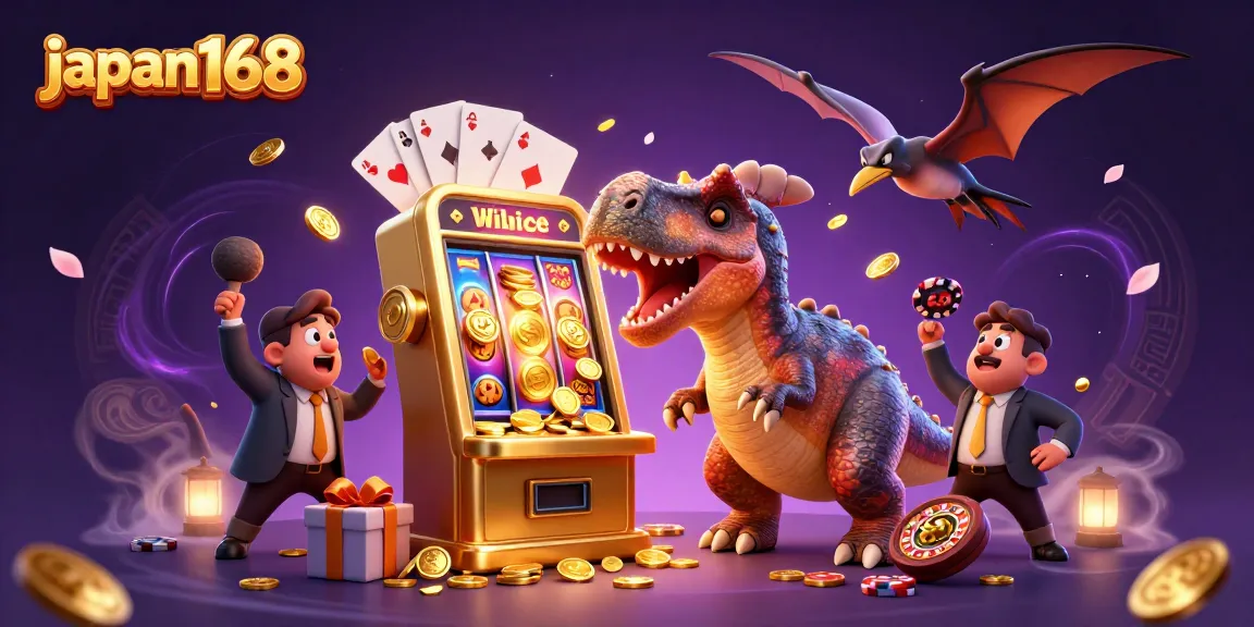 Engage in thrilling casino action with japan168 as a dinosaur hits a slot machine for jackpots.