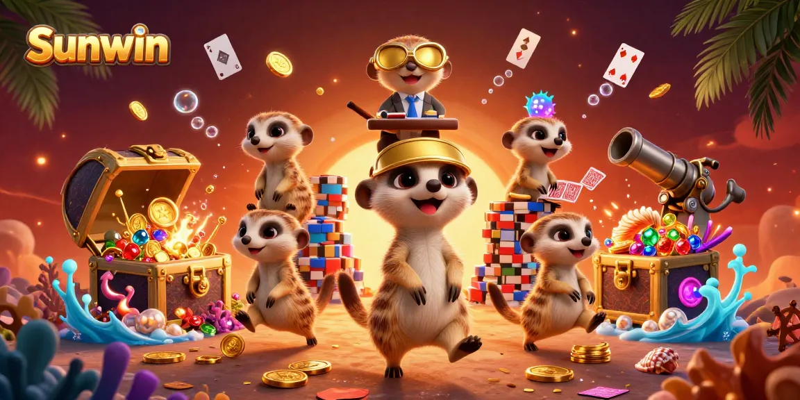 Sunwin casino scene with meerkats engaging in a lively card game surrounded by treasure and underwater elements.