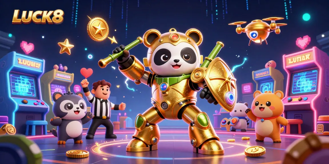 LUCK8's exciting casino experience features a mech-suit panda amidst colorful arcade machines.