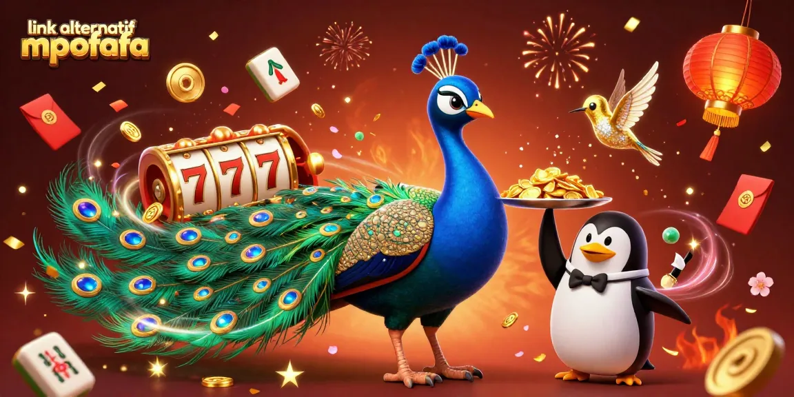 Engage with a vibrant casino scene as link alternatif mpofafa showcases spinning slot reels and festive characters.