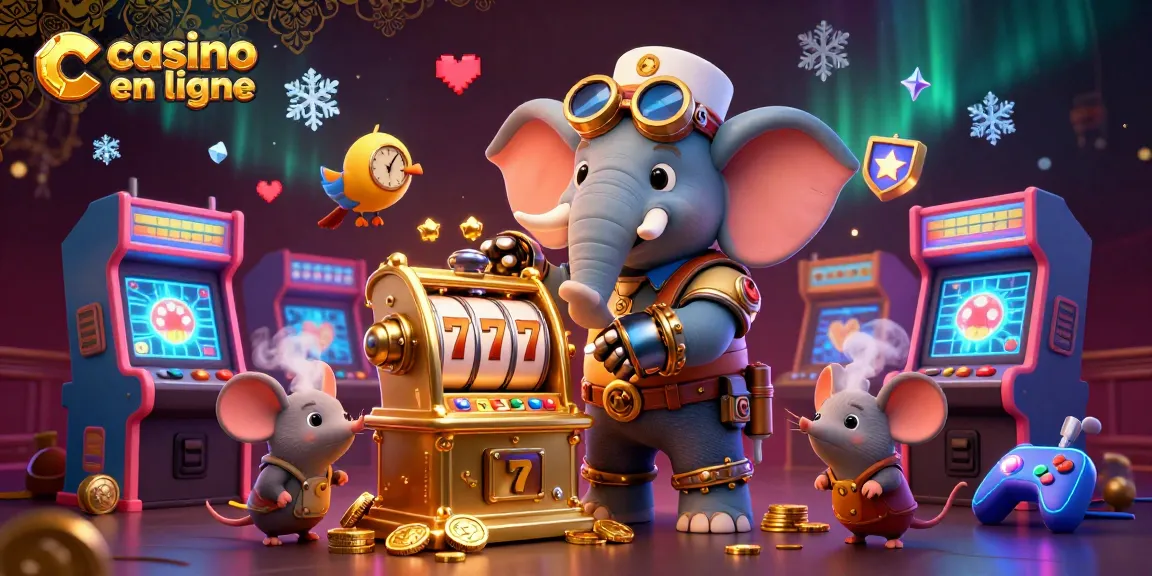 Animation captivante d'un éléphant steampunk opérant une machine à sous sur le thème du casino en ligne.