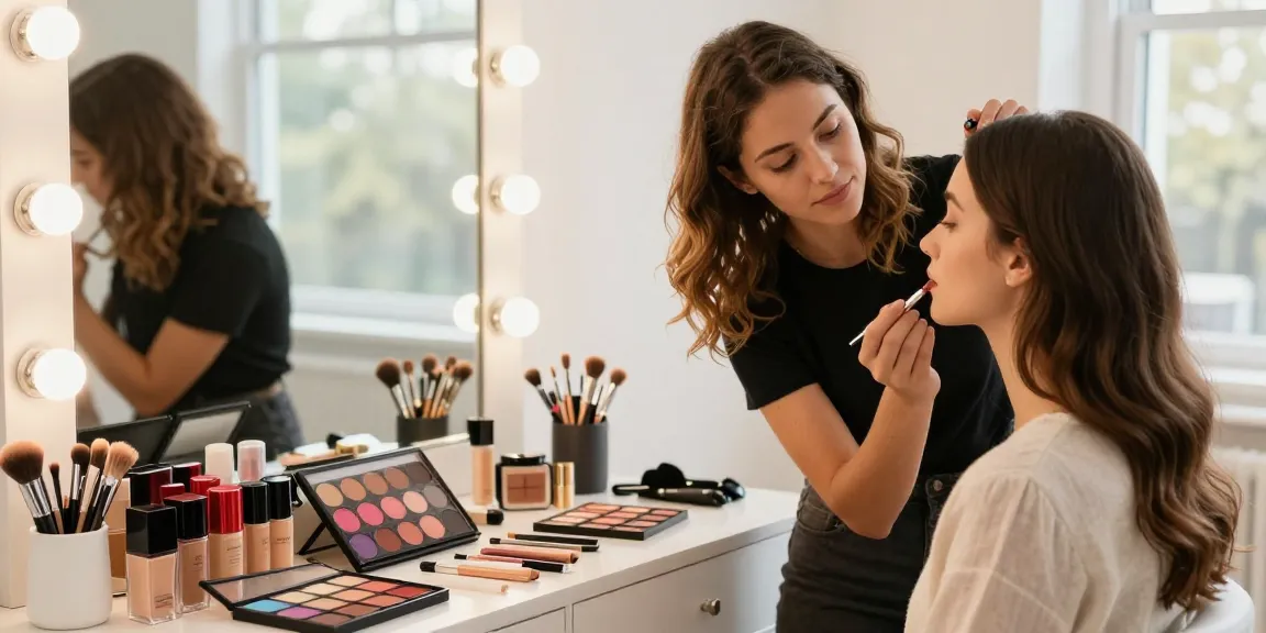 Makeup artist applying natural lip color using wholesale makeup products in a bright studio setting.