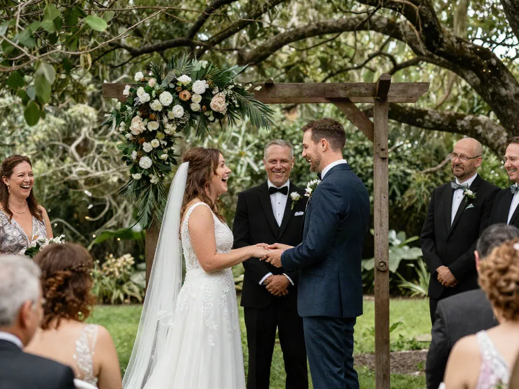 Documentary wedding photographer in Dunedin capturing a couple during their outdoor vows surrounded by nature.