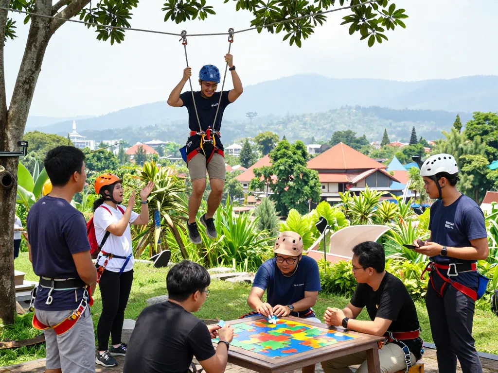 Team Building jogja participants engaged in outdoor activities, showcasing teamwork and excitement in a scenic location.