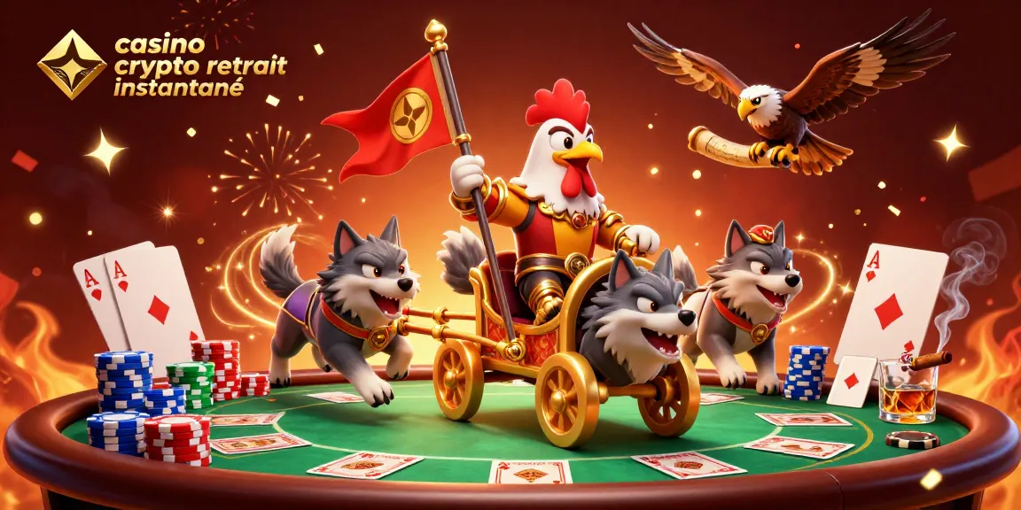 Casino crypto retrait instantané dans un univers ludique avec un roi des coqs et des éléments de poker.